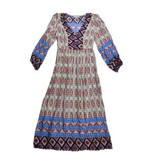 LUUKSE Bohemian Maxi Dress Geometric Print Long Sleeve V Neck Women‎ Size M